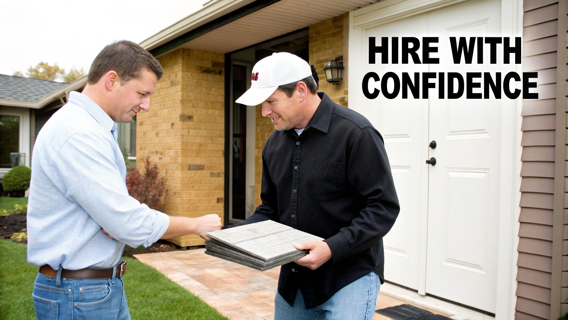 Contractor showing stone paver samples to a homeowner during a consultation for a new patio.