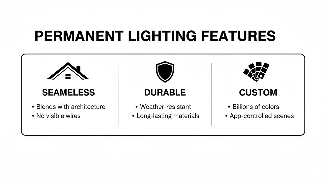 Infographic detailing permanent lighting features: seamless, durable, and custom options for homes.