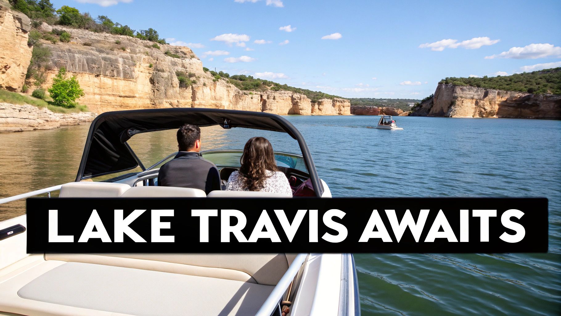 A pontoon boat cruising past stunning cliffs on Lake Travis during a sunny day.