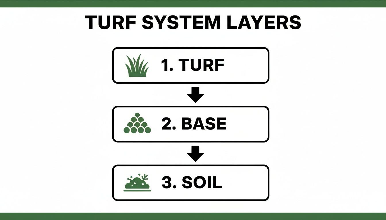 A clear diagram illustrates the three essential layers of a turf system: 1. Turf, 2. Base, and 3. Soil.
