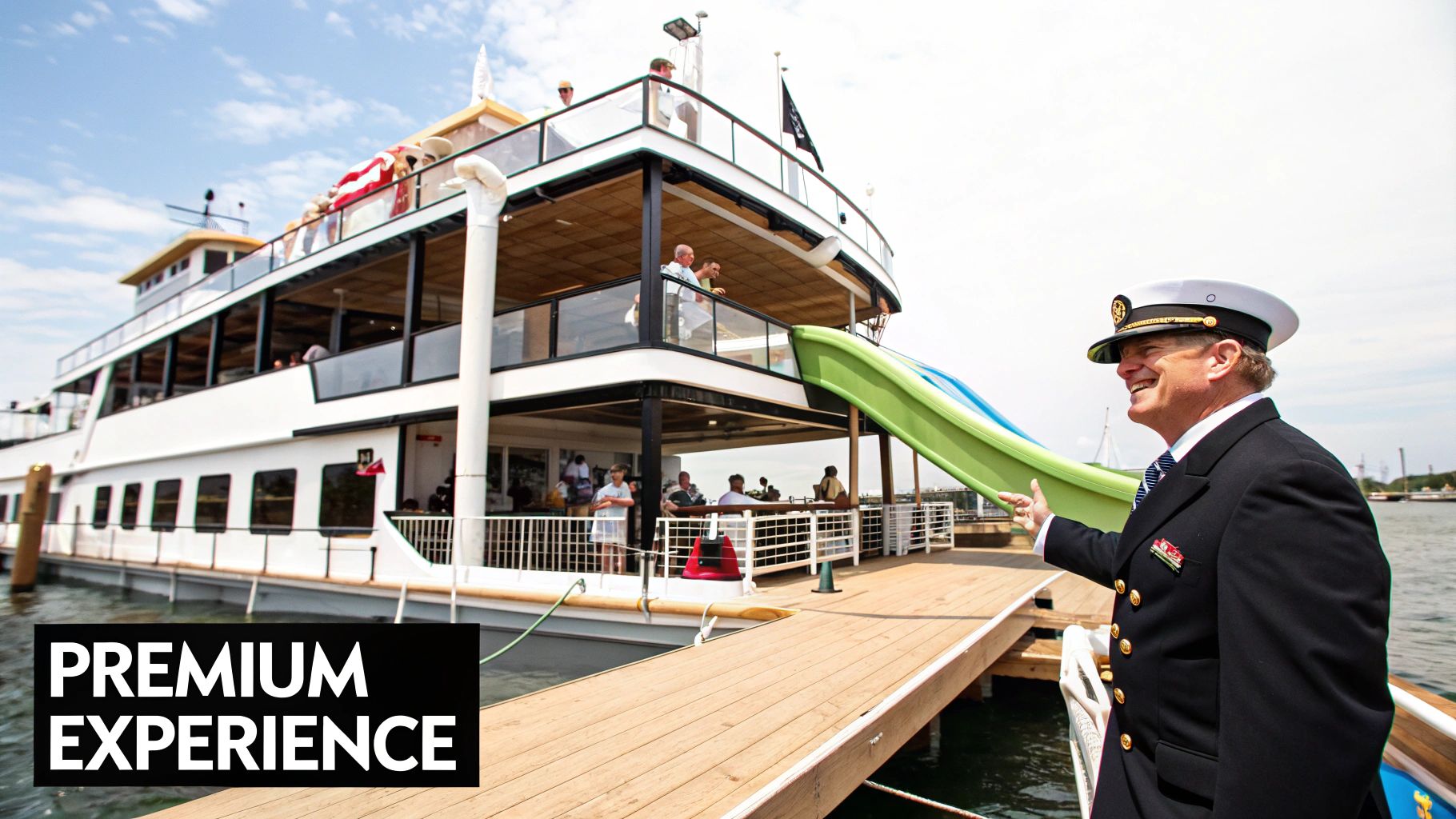 A smiling captain in uniform welcomes guests to a multi-deck boat with a green slide, offering a premium experience.