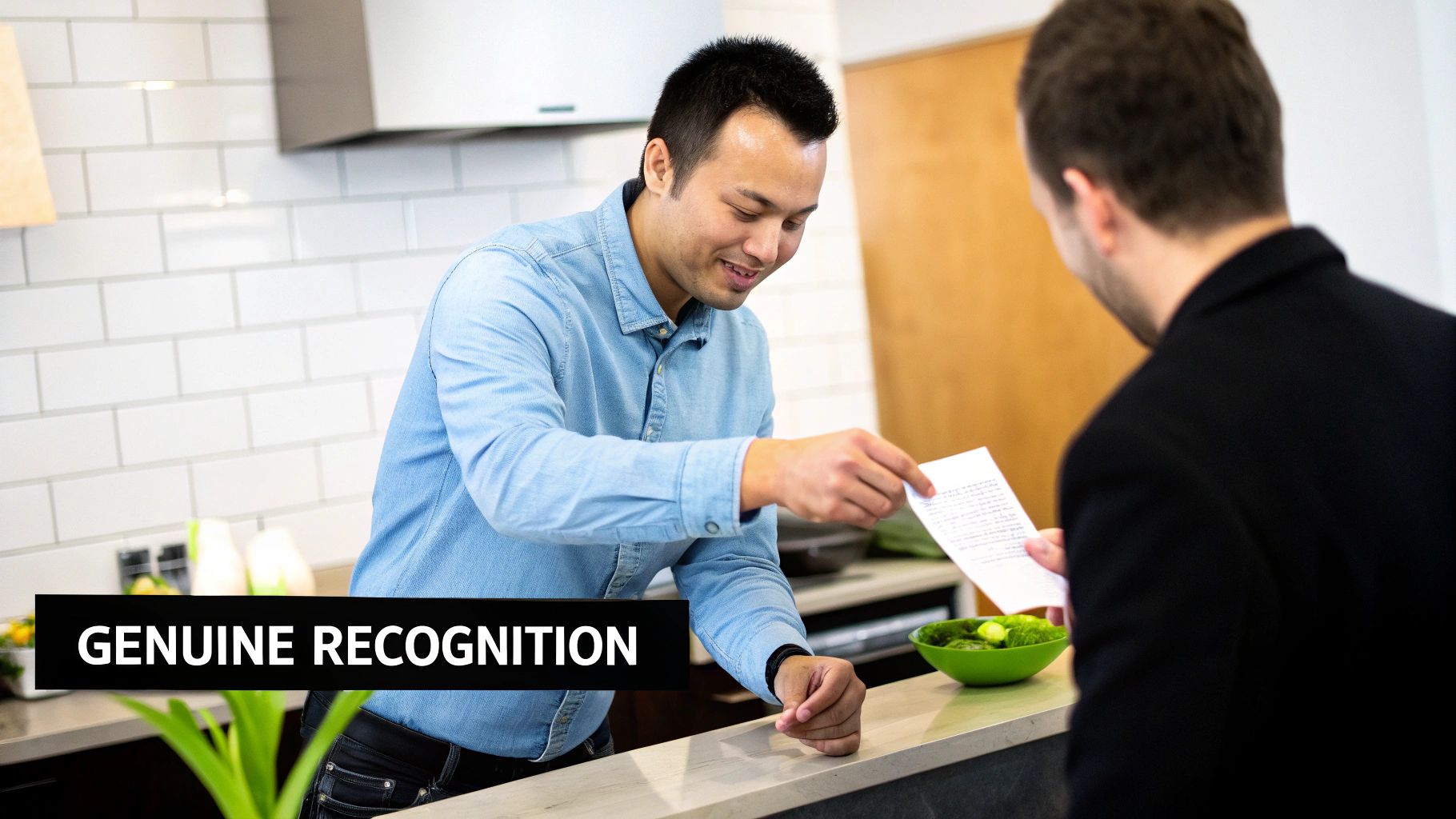 A man in a blue shirt smiles as he hands a handwritten recognition note to a colleague.