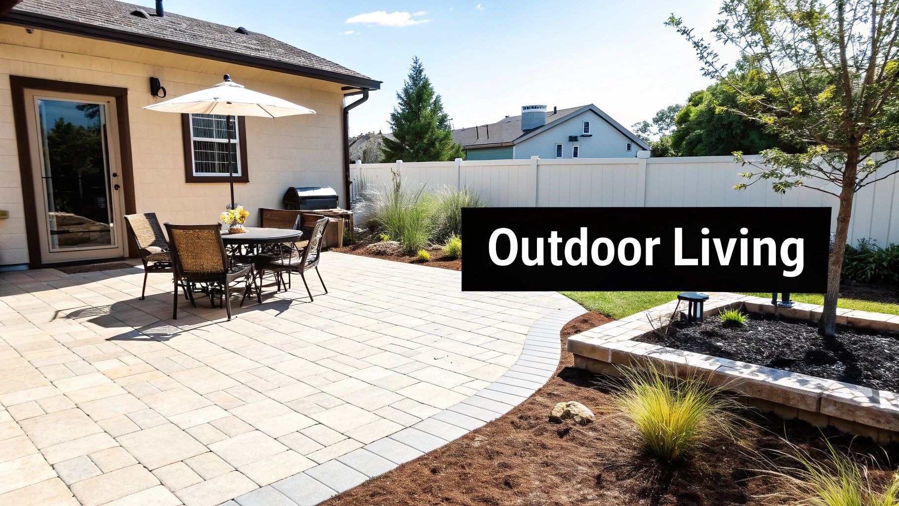 A spacious outdoor living area with a paved patio, dining furniture, and landscaped garden beds next to a house.