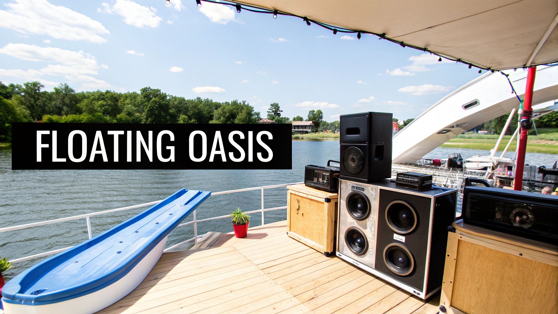 A party barge deck on a sunny lake with sound equipment and 'FLOATING OASIS' text.