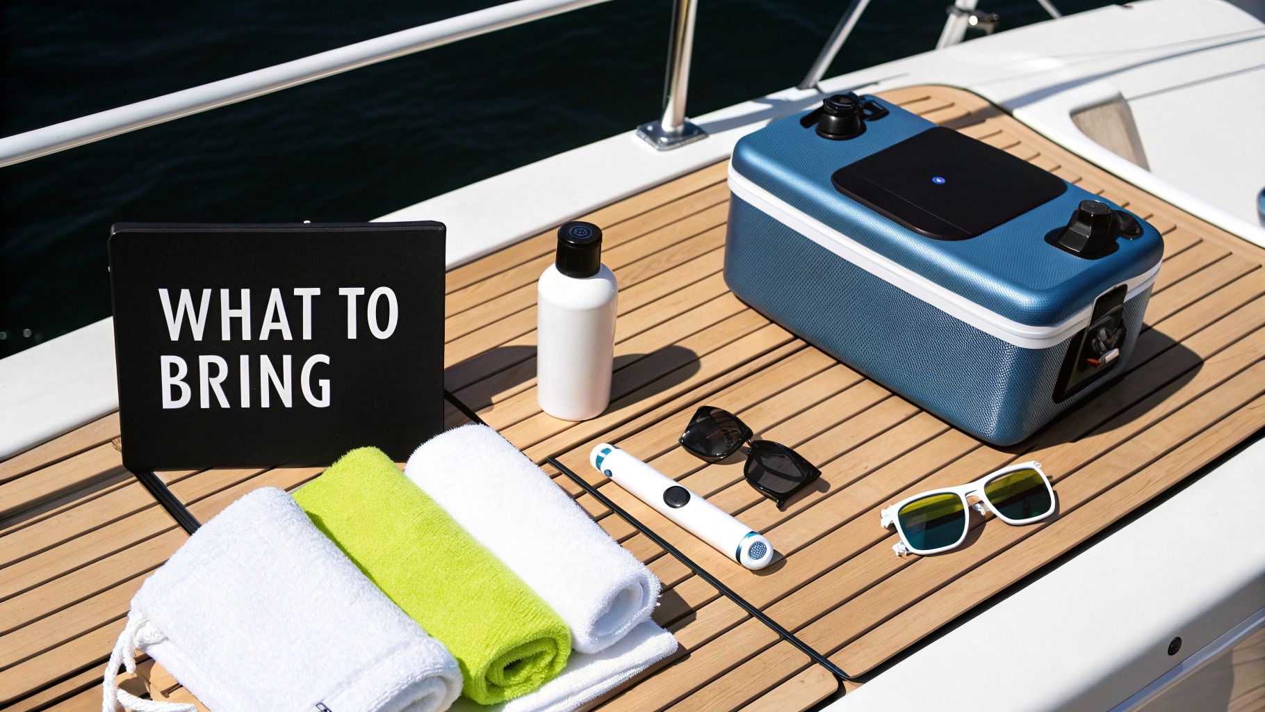 Essentials for a yacht charter, including towels, sunscreen, sunglasses, and a portable cooler, on a wooden deck.