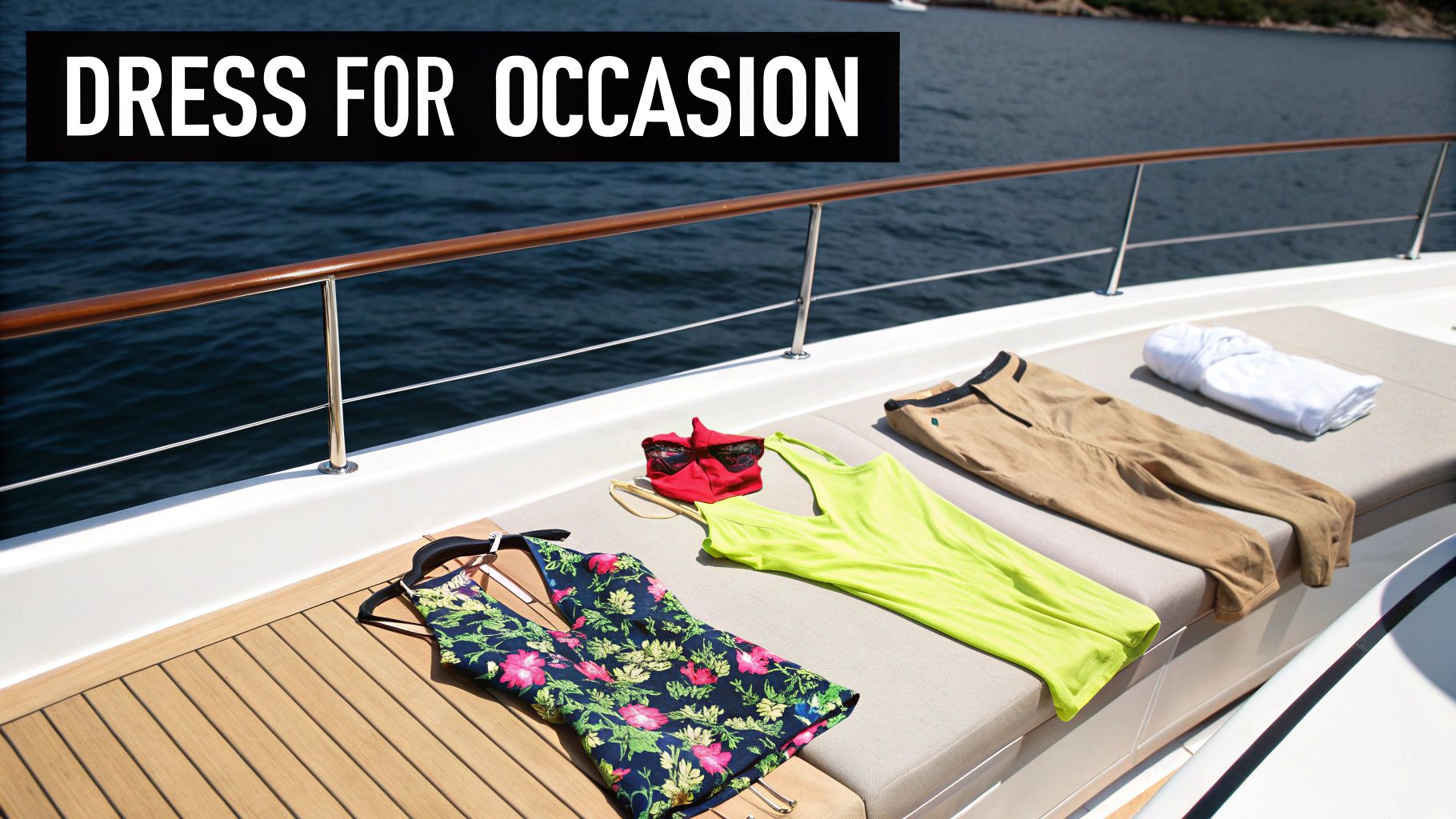 A flat lay of colorful summer clothing items and a white towel laid out on a yacht deck, with text 'DRESS FOR OCCASION'.