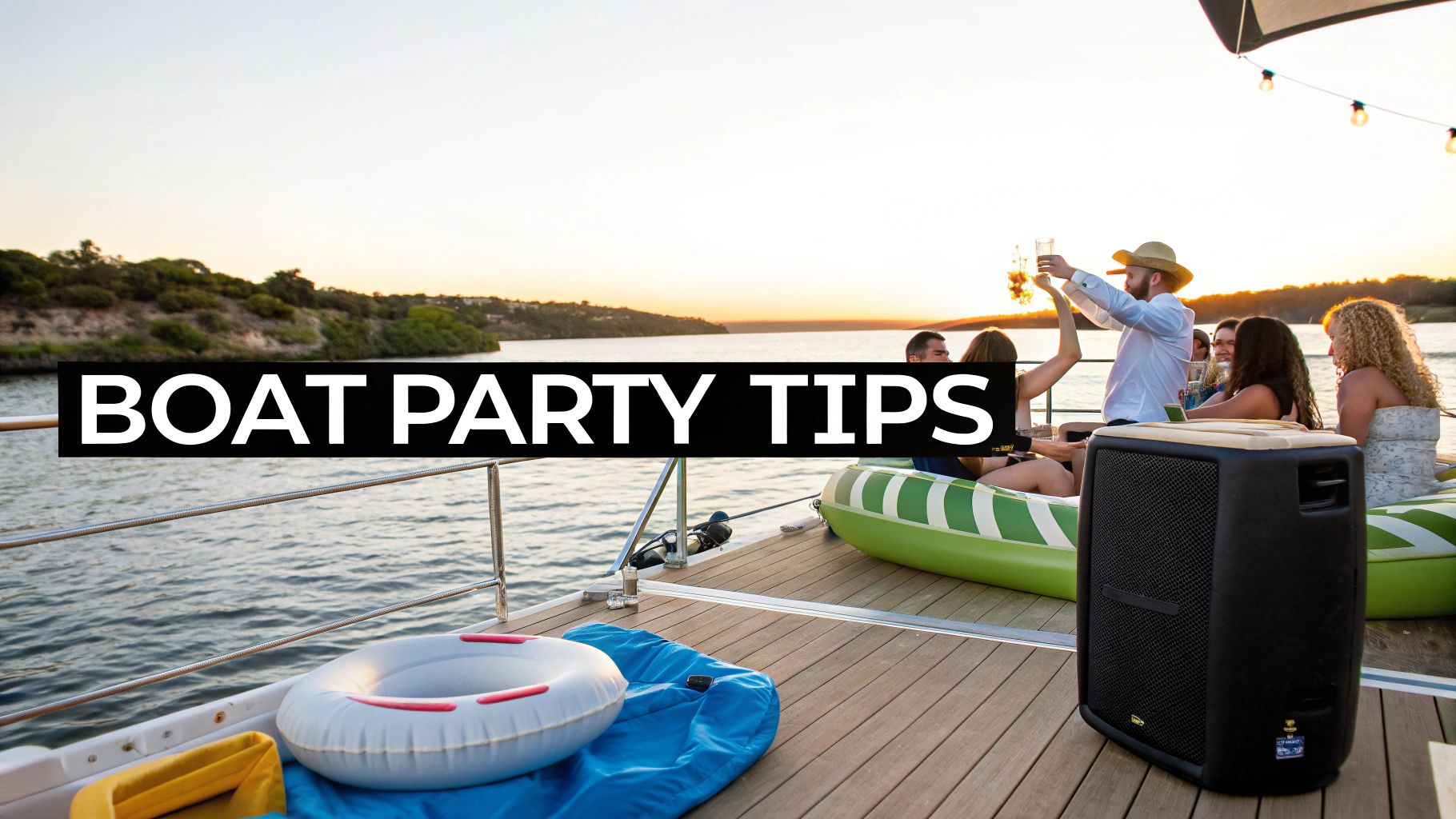A group of friends enjoying a boat party on a lake at sunset, toasting drinks.