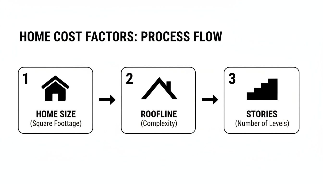 A process flow diagram illustrating home cost factors: home size, roofline complexity, and number of stories.