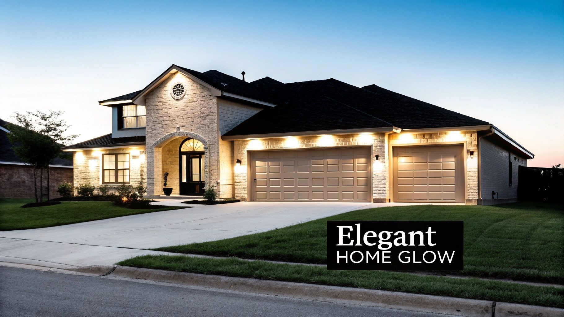 A beautifully illuminated modern house at dusk, showcasing exterior lighting on its stone facade and garage doors.