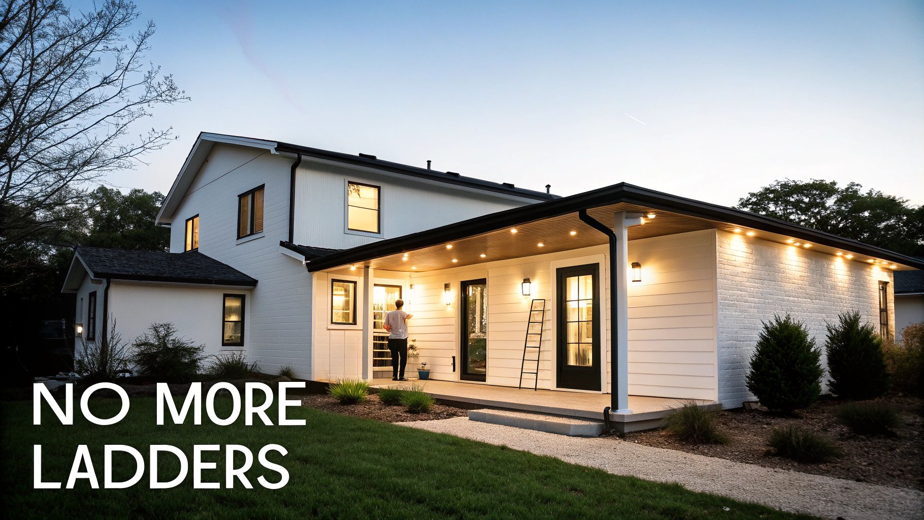 A modern white house with permanent outdoor lighting illuminating the porch, featuring a person inside and a ladder nearby.