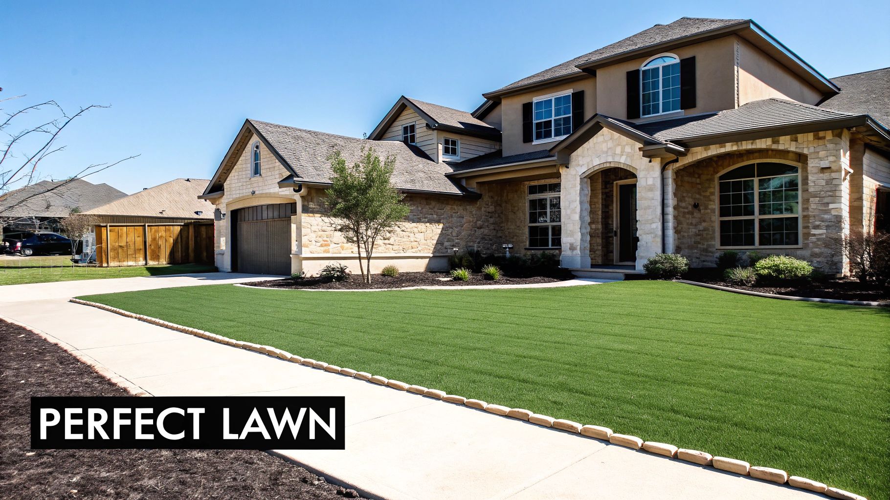 A perfectly installed artificial turf lawn in a residential backyard, showcasing its lush, green appearance.