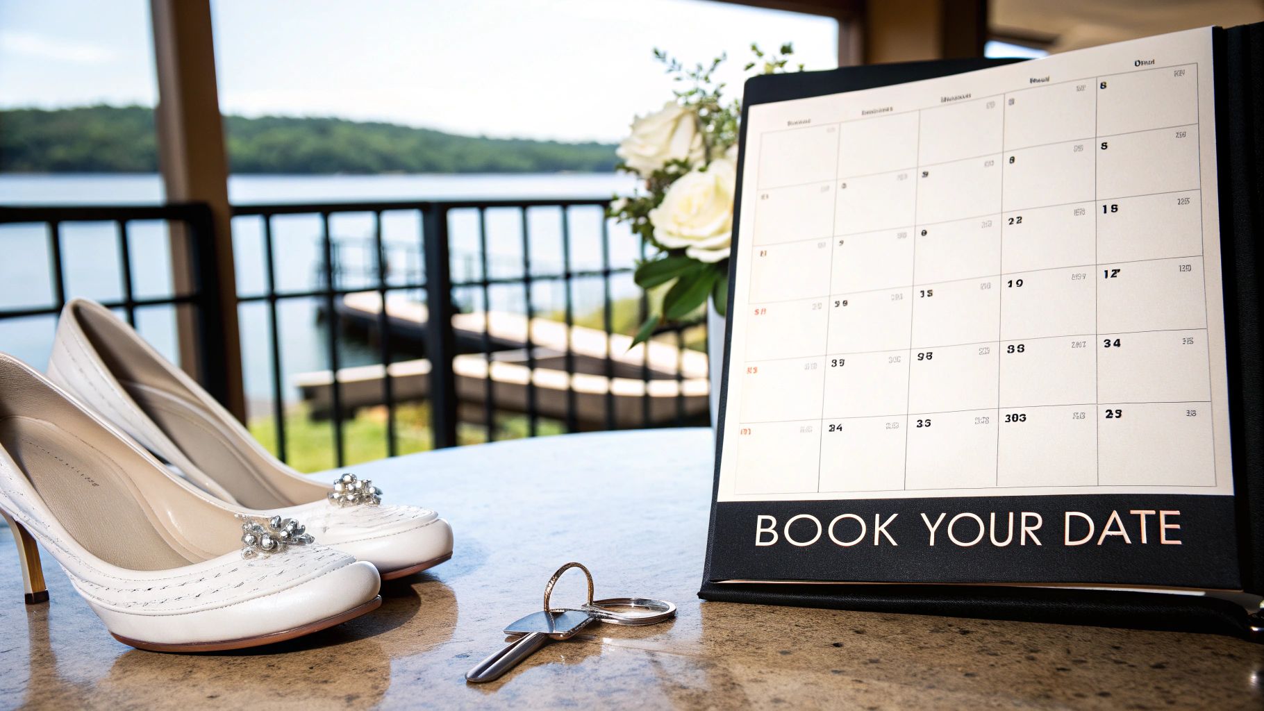 Elegant white wedding shoes, a calendar open to 'BOOK YOUR DATE', and a key on a table overlooking a lake.
