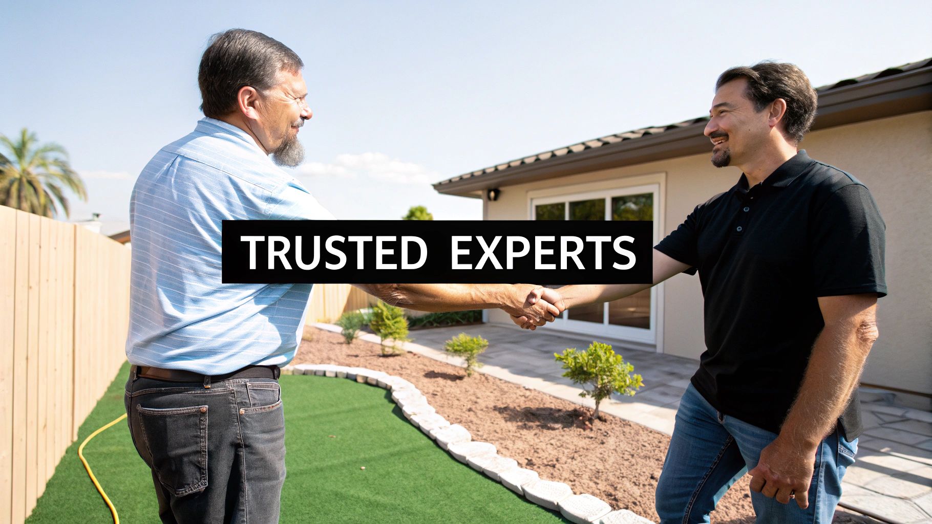 Two men shake hands in a backyard with a putting green under a clear sky, displaying 'TRUSTED EXPERTS'.