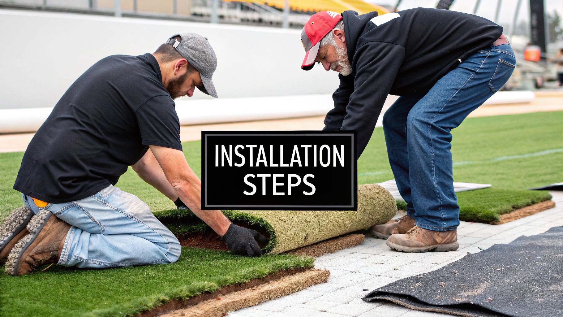 A team of professional installers carefully laying down a large roll of artificial turf on a prepared base in a residential backyard.