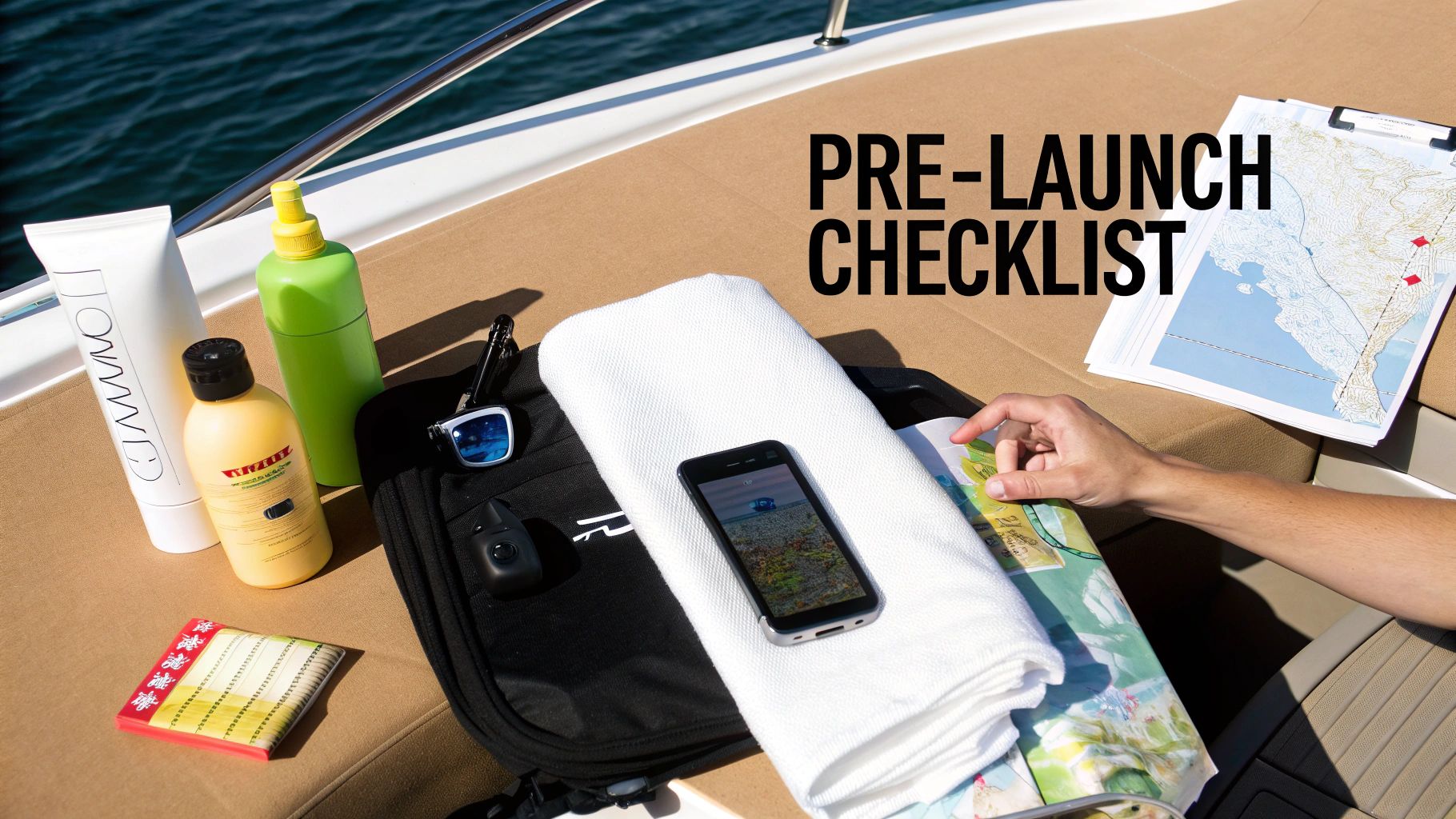 A pre-launch checklist on a boat deck with sunscreen, maps, phone, sunglasses, and a towel.