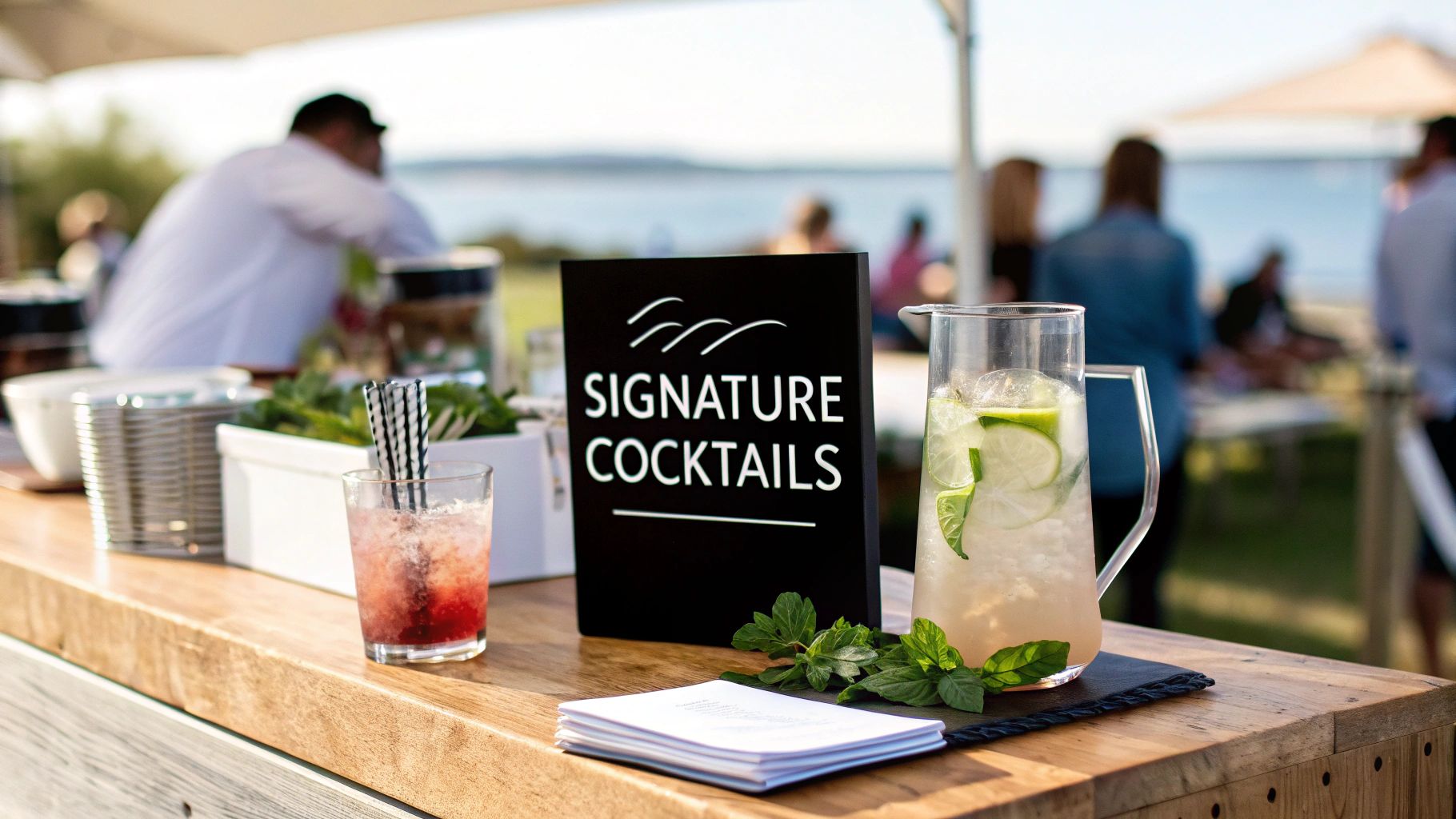 Signature cocktails display with drinks and black sign at outdoor waterfront bar setup