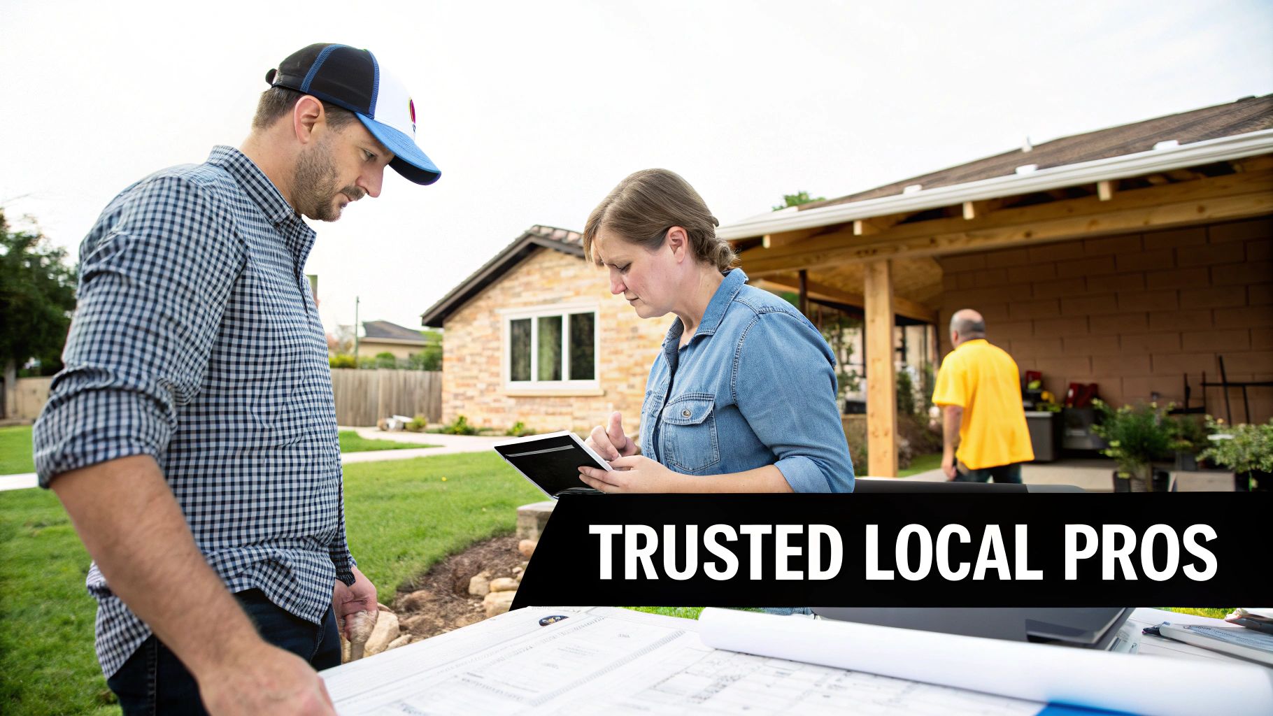 A male and female contractor reviewing outdoor kitchen installation plans with blueprints and a tablet.