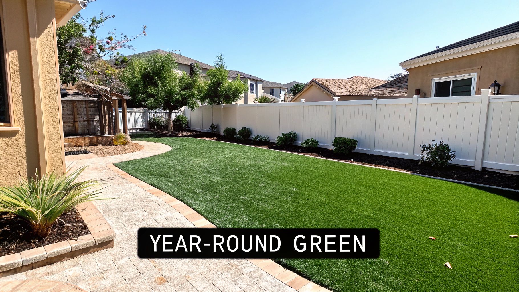 A family playing on a pristine artificial turf lawn in their Brushy Creek backyard.