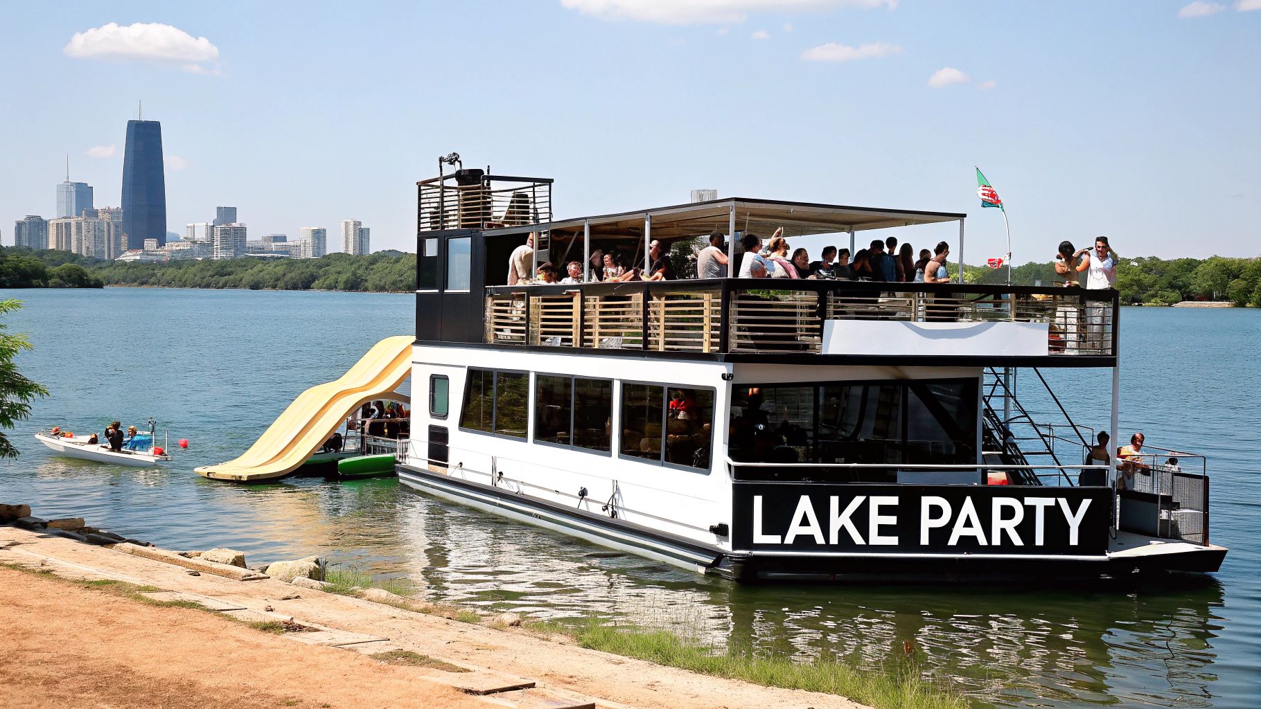 A vibrant double-decker party boat on a lake with a yellow slide, full of people, under a sunny sky.