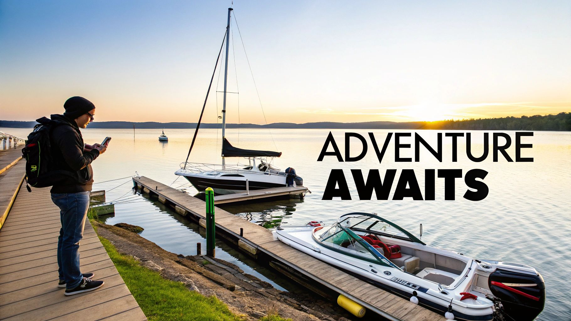 A group of friends enjoying a sunny day on a rented pontoon boat on a clear blue lake.