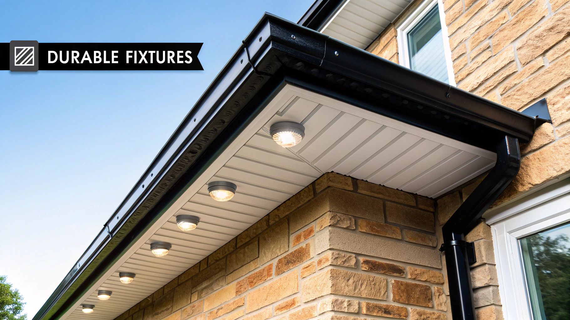 Durable soffit lights illuminating the underside of eaves with black gutters on a brick house.