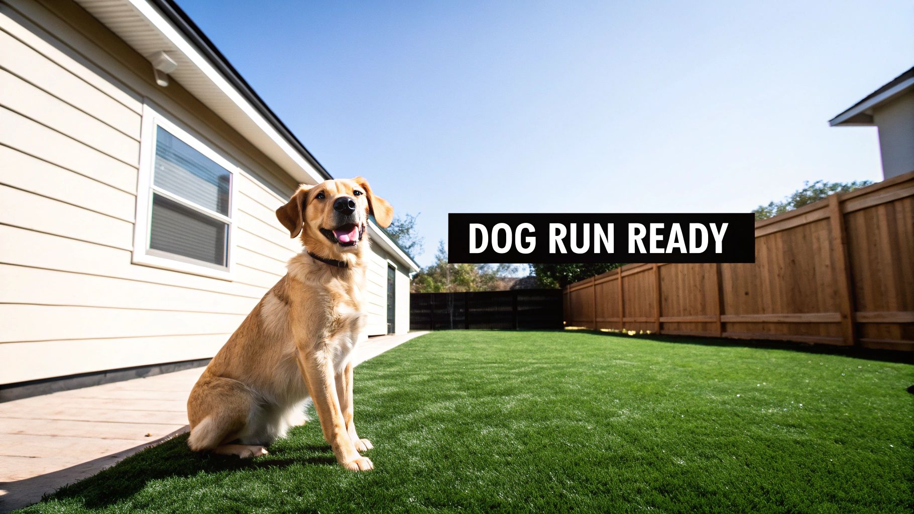A smiling golden dog sits on vibrant green artificial turf in a sunny backyard with "DOG RUN READY" text.