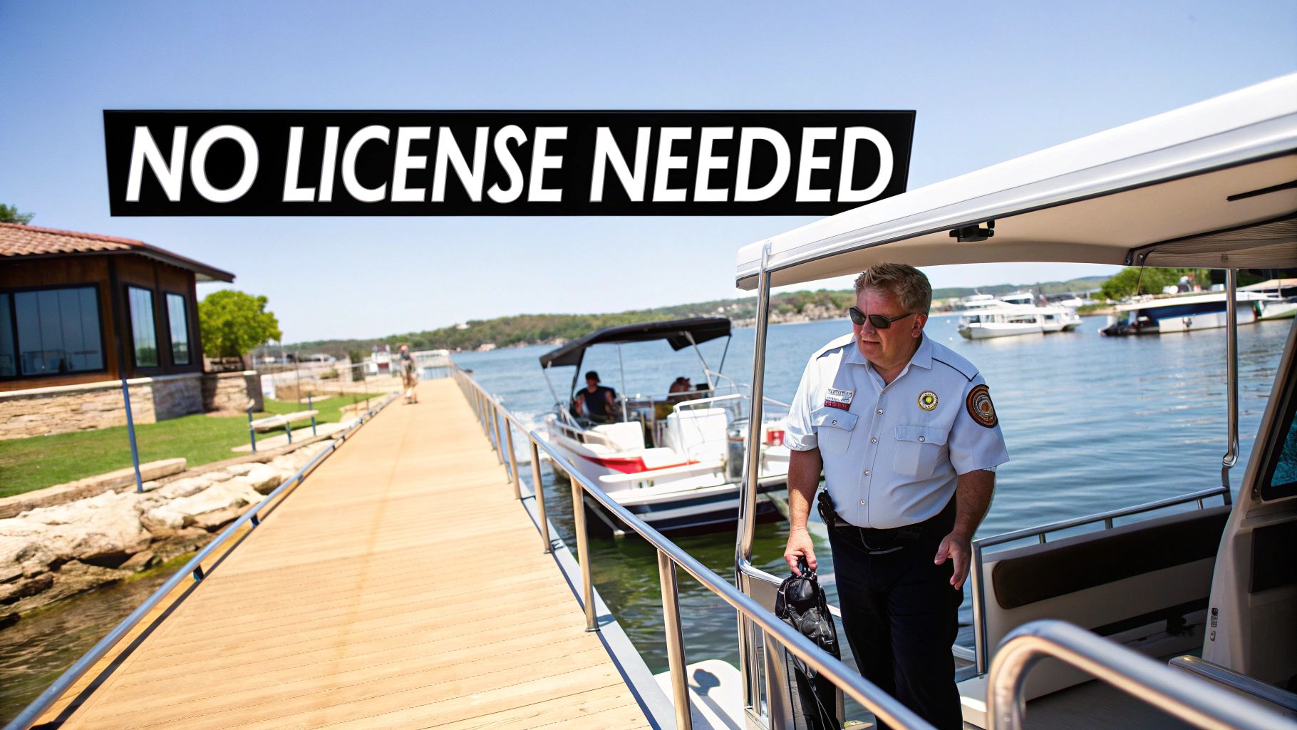 A man in uniform stands on a boat by a dock under a 'NO LICENSE NEEDED' banner.