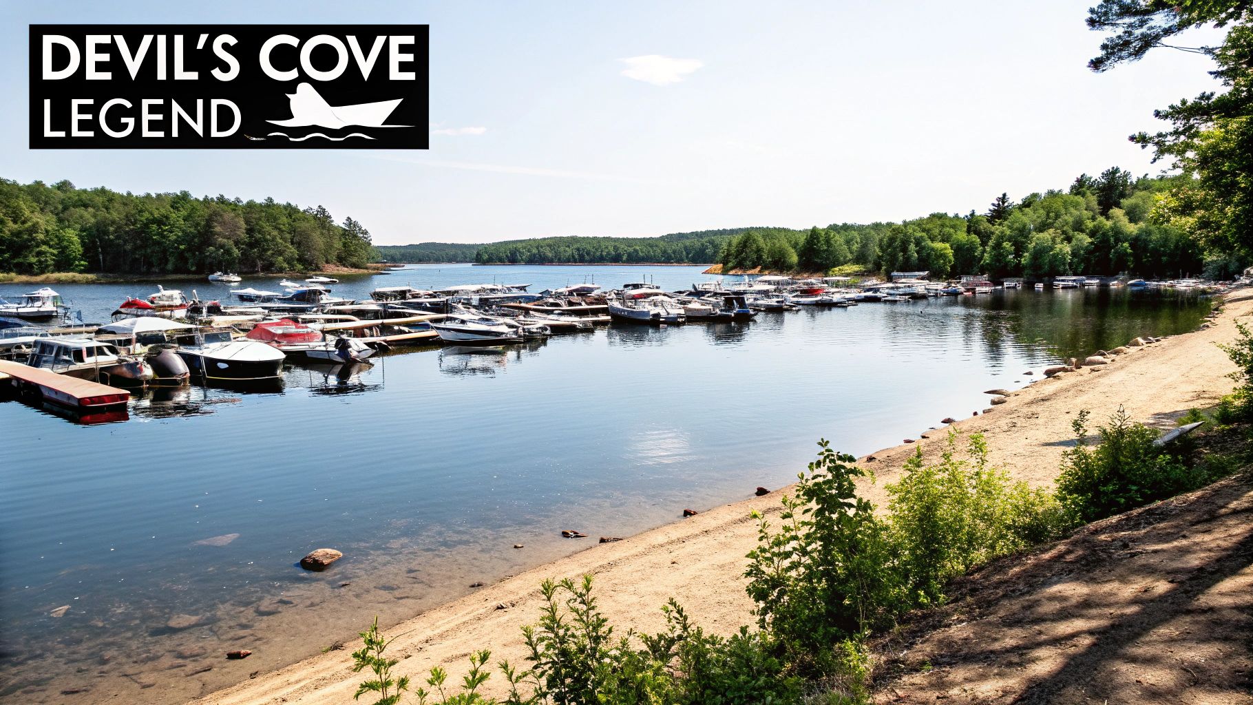 Numerous boats docked at Devil's Cove marina with a sandy shore and forested hills.