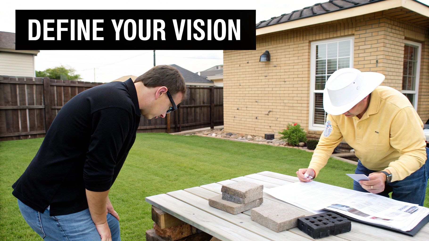 Two men consult on outdoor patio design with paver samples in a sunny backyard.