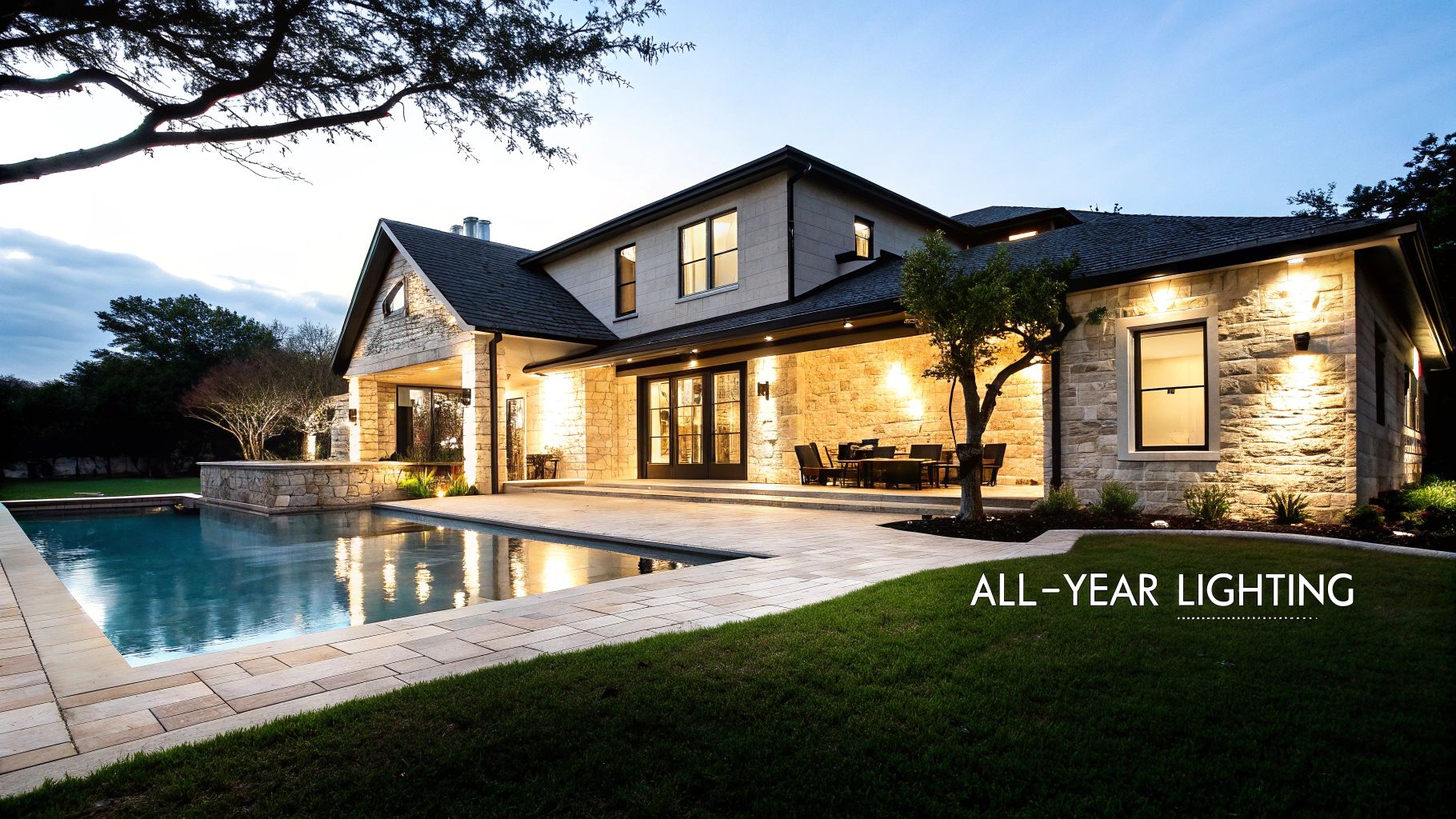 A luxurious stone house with a swimming pool beautifully lit by all-year outdoor lighting at dusk.