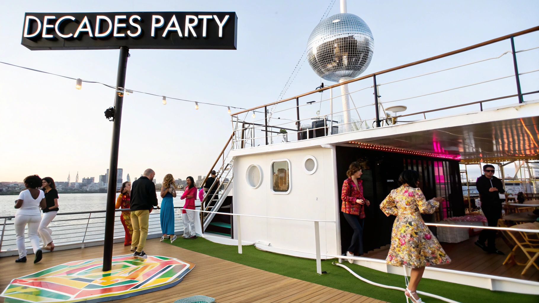 Guests enjoy a vibrant 'Decades Party' on a boat deck, complete with a large disco ball and festive lights.