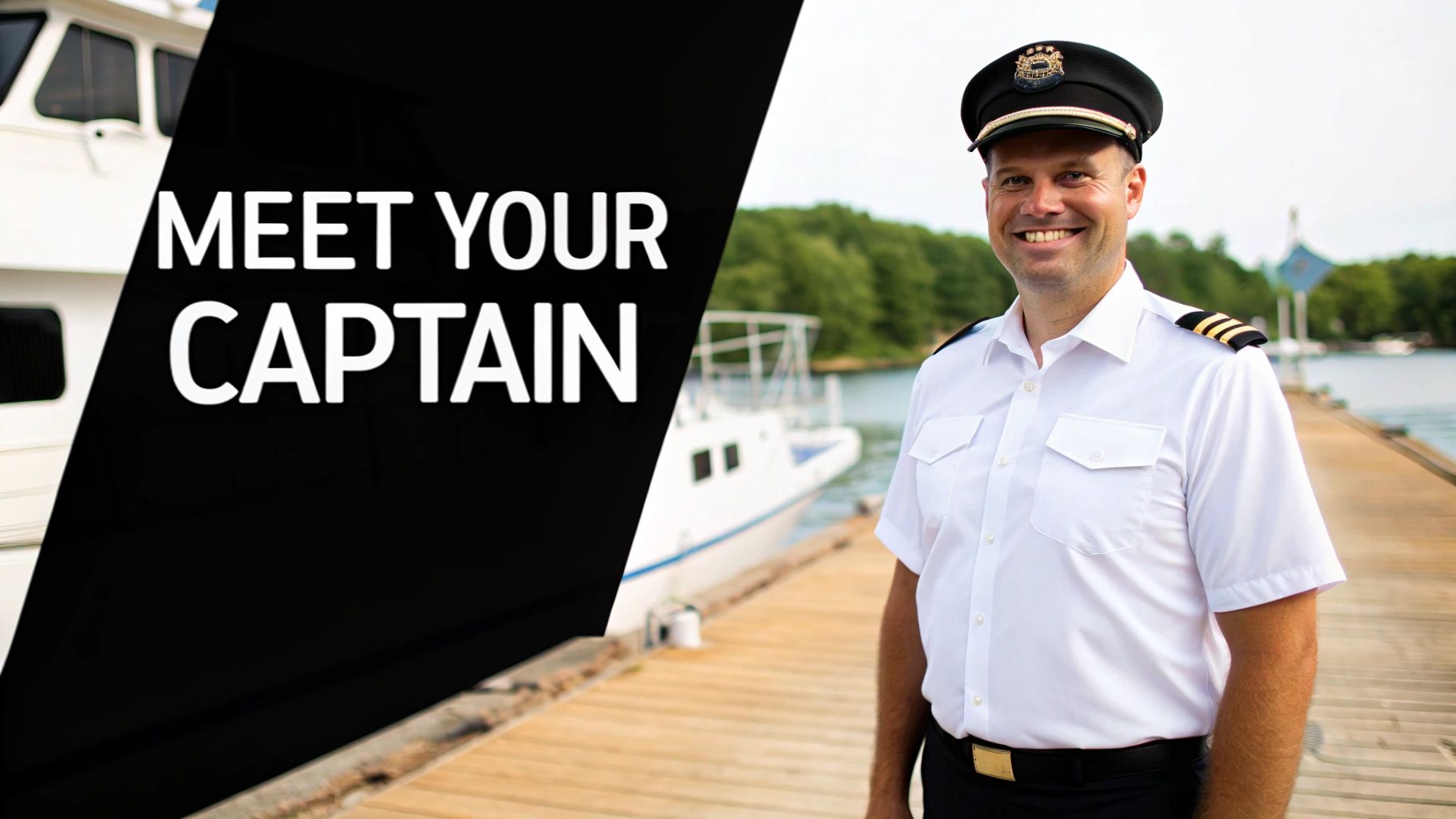 A smiling captain in uniform stands on a wooden dock with boats, next to 'MEET YOUR CAPTAIN' text.