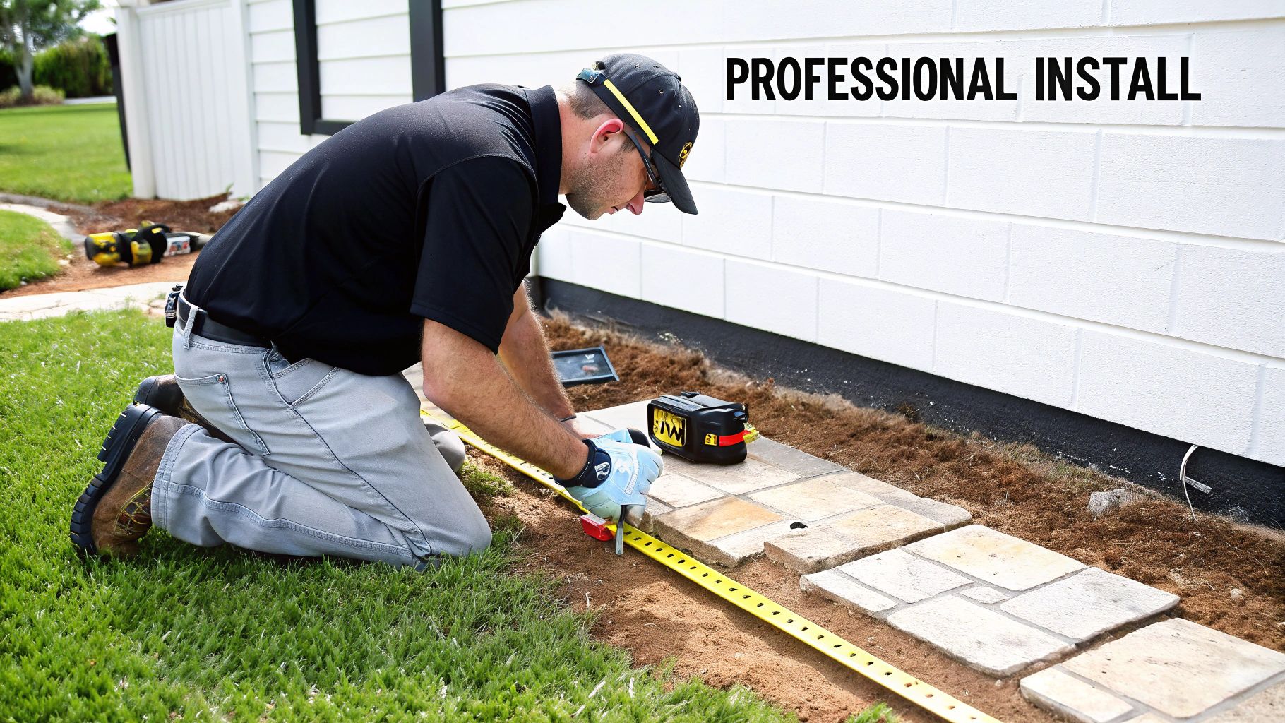 Professional installer kneeling, measuring, and placing pavers next to a white house for a landscape project.