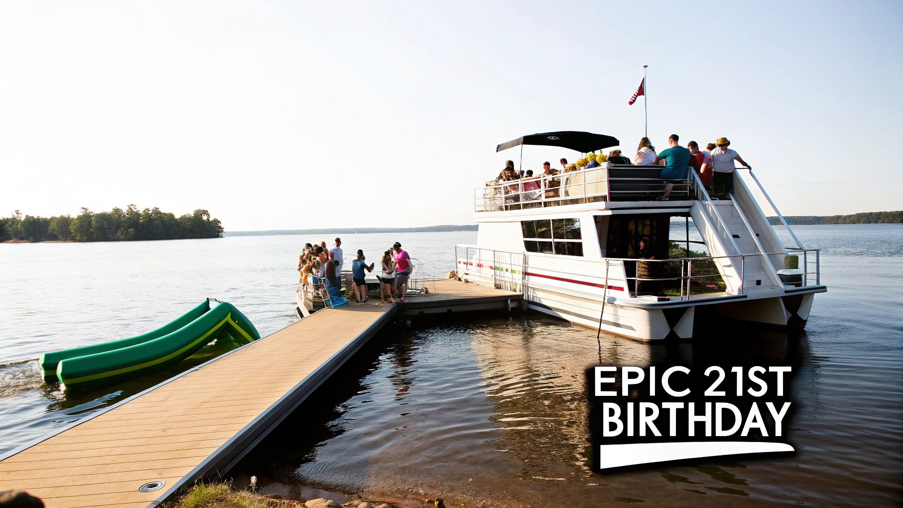 People on a party boat and pier with a water slide, celebrating an epic 21st birthday.