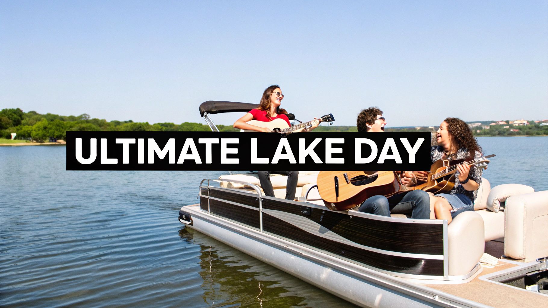 Young people enjoy an ultimate lake day on a pontoon boat, playing acoustic guitars on a sunny lake.