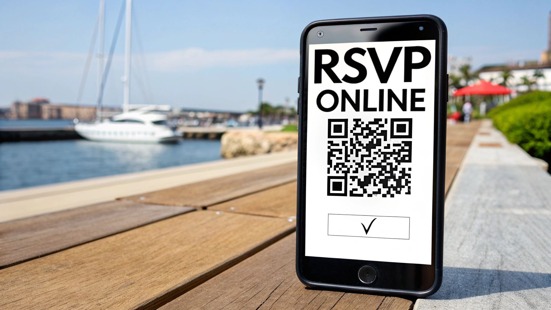 A smartphone displaying an "RSVP ONLINE" QR code on a wooden dock by a marina with boats.