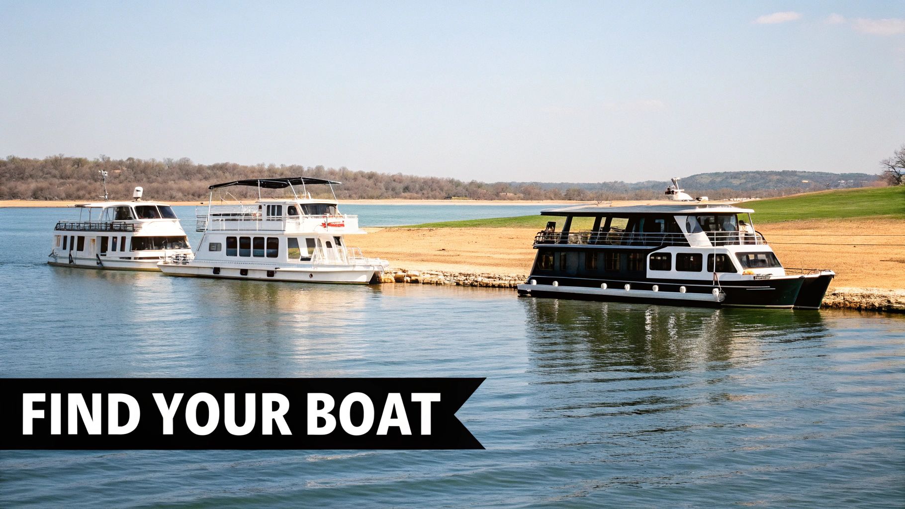 Three houseboats on a lake, with two white and one black and white boat near a sandy shore.