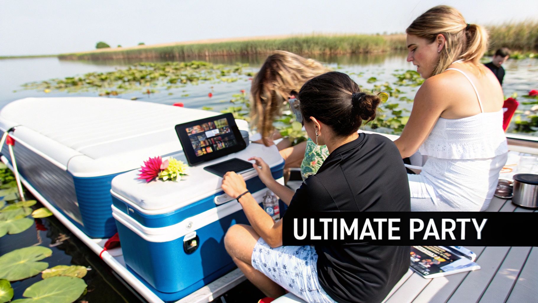 Friends relaxing on a pontoon boat on a sunny lake with lily pads, enjoying music on a tablet.