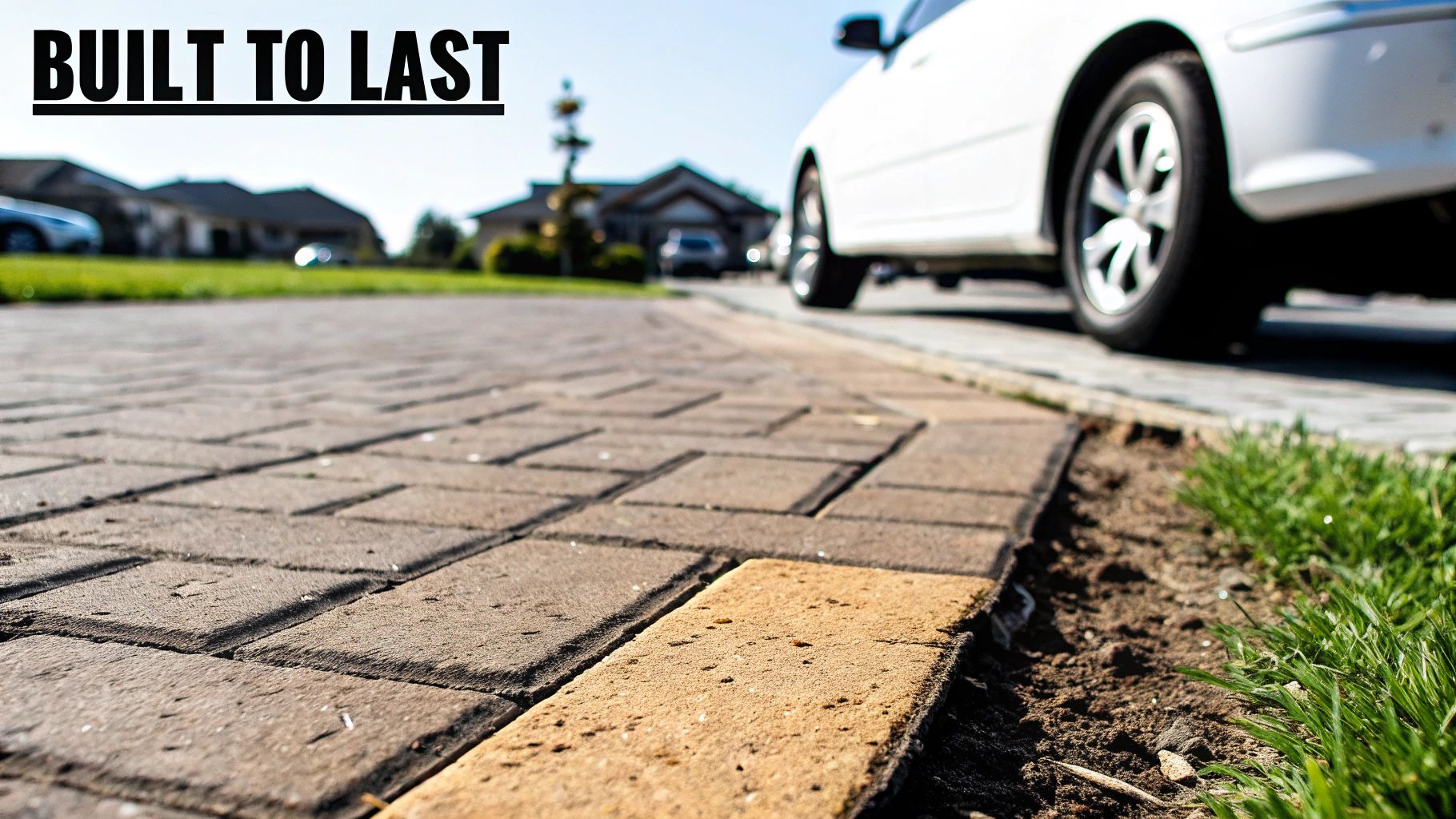 Durable brick paver driveway leading to houses, with a white car parked alongside, text 'BUILT TO LAST'.