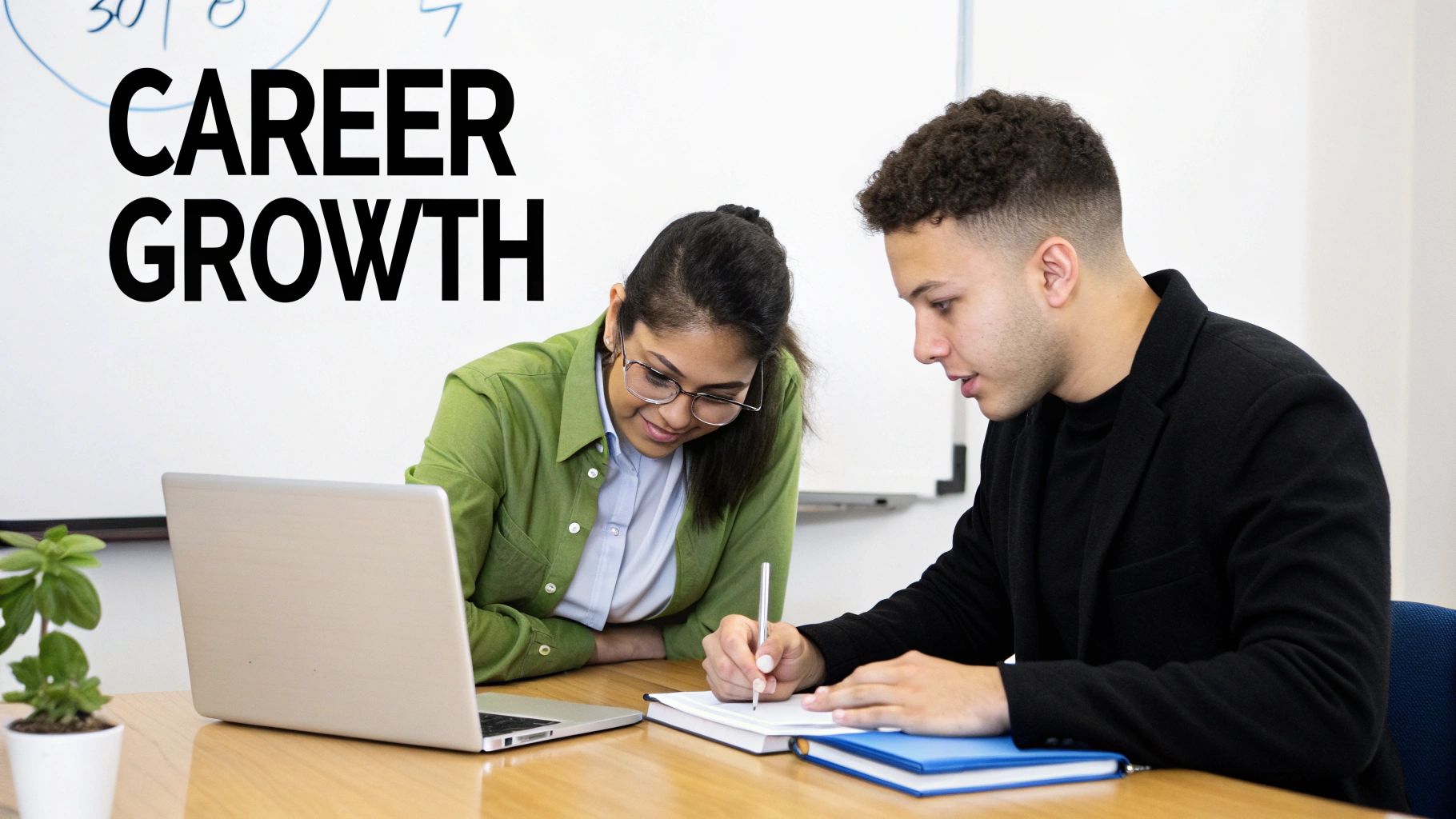 Two professionals collaborating at desk with laptop discussing career growth and development strategies