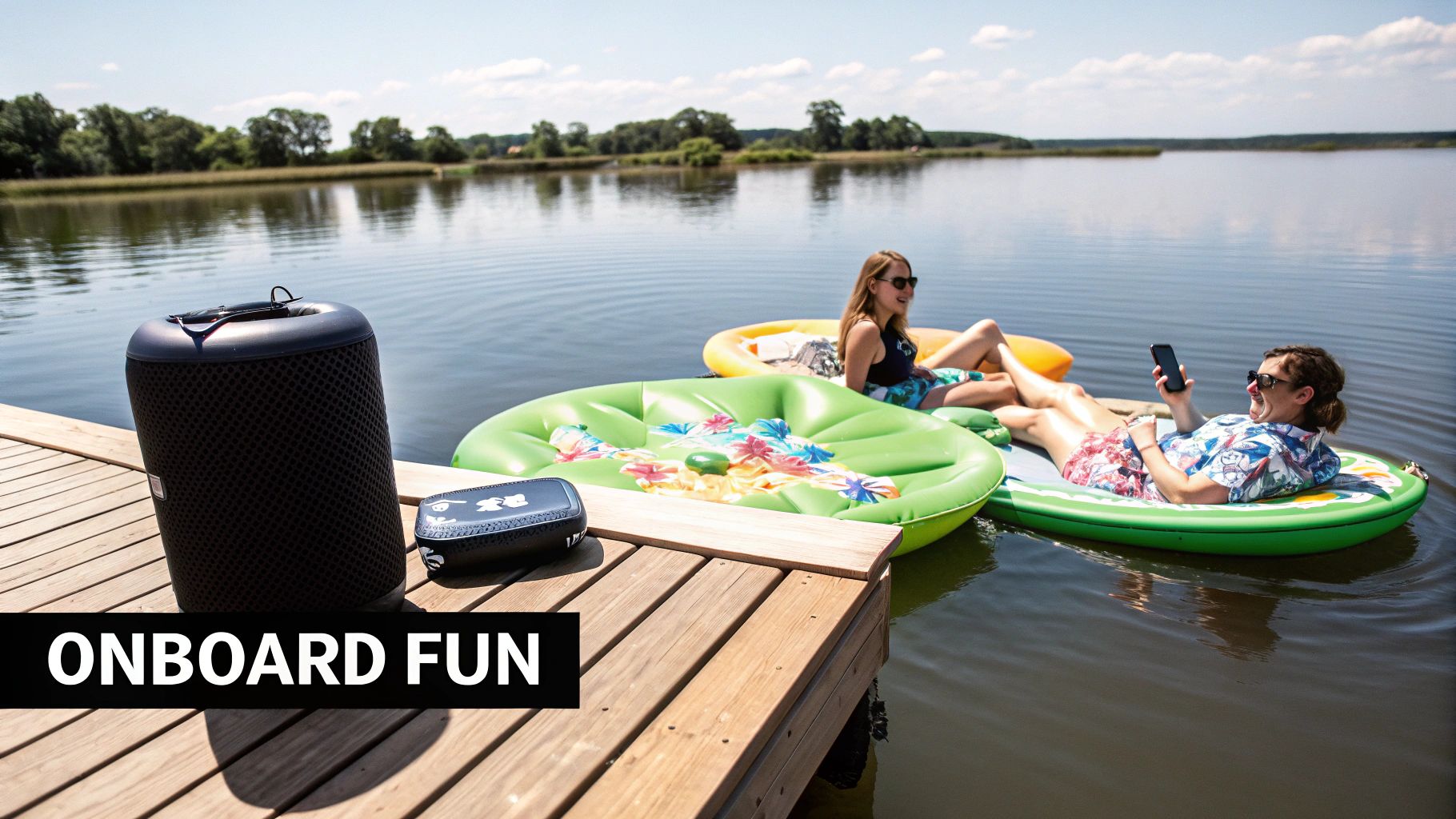 Two women relaxing on inflatable rafts in a lake with portable speakers on a wooden dock.