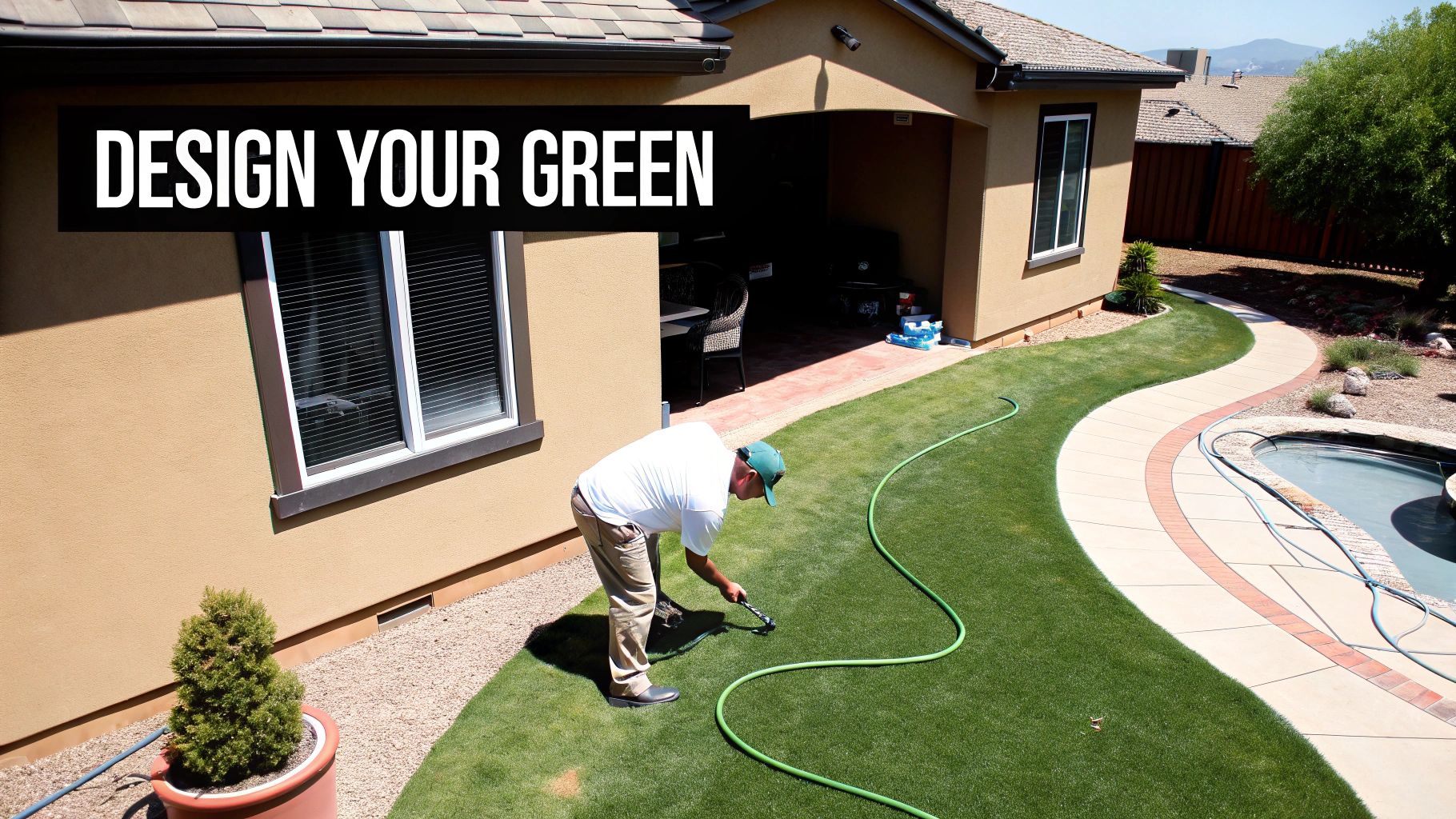 A man waters a lush green lawn next to a house, pathway, and pool on a sunny day.