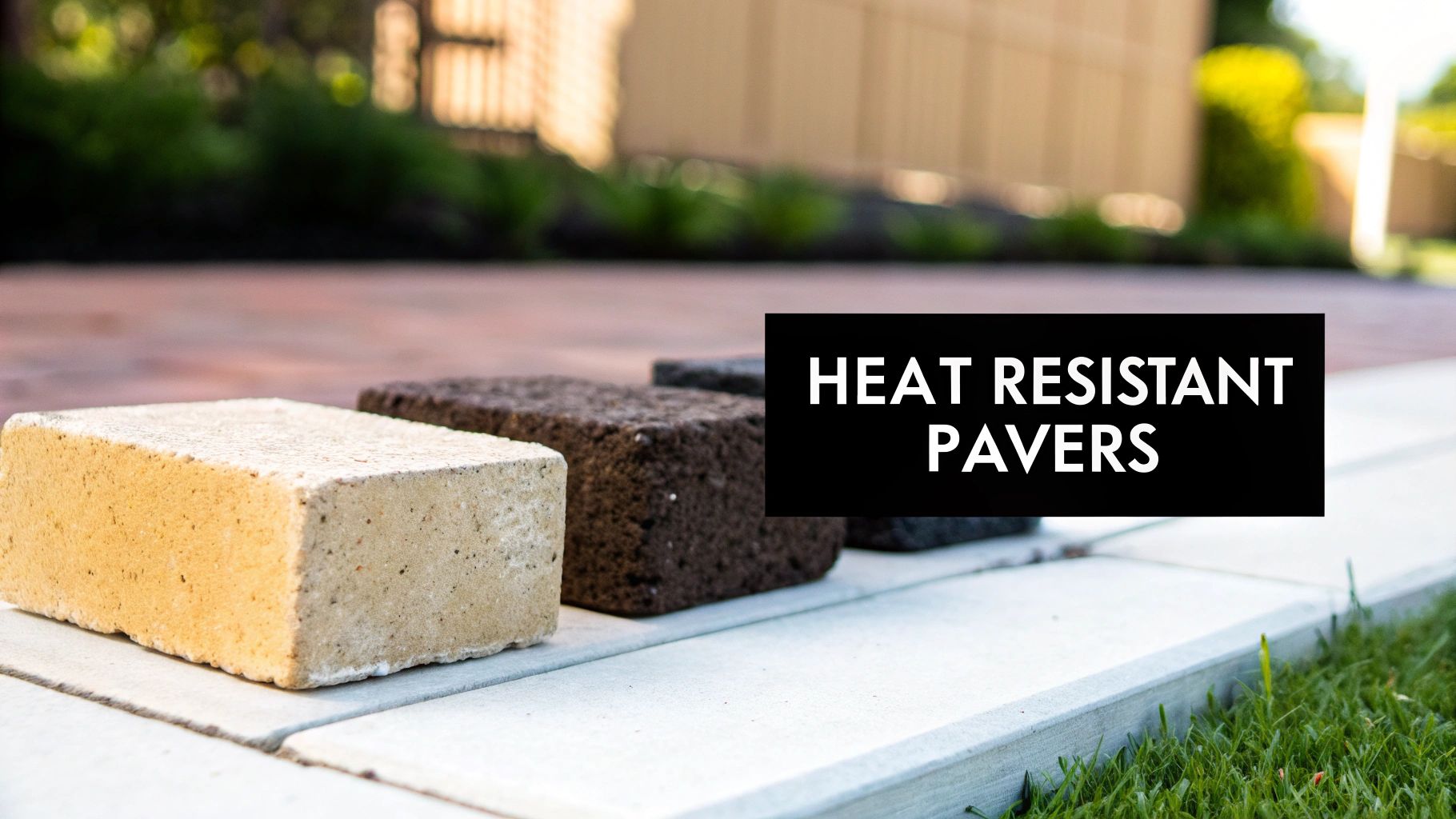Three heat-resistant paver samples in different colors are displayed on a light surface outdoors, with green grass.