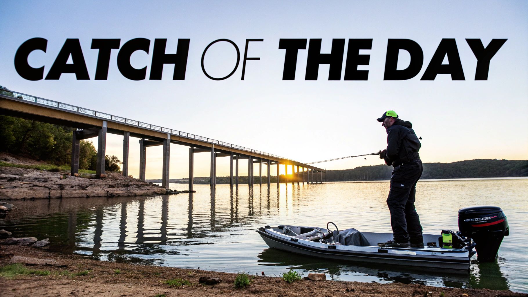 A fisherman in a boat on a lake at sunset, with a long bridge and text "CATCH OF THE DAY".