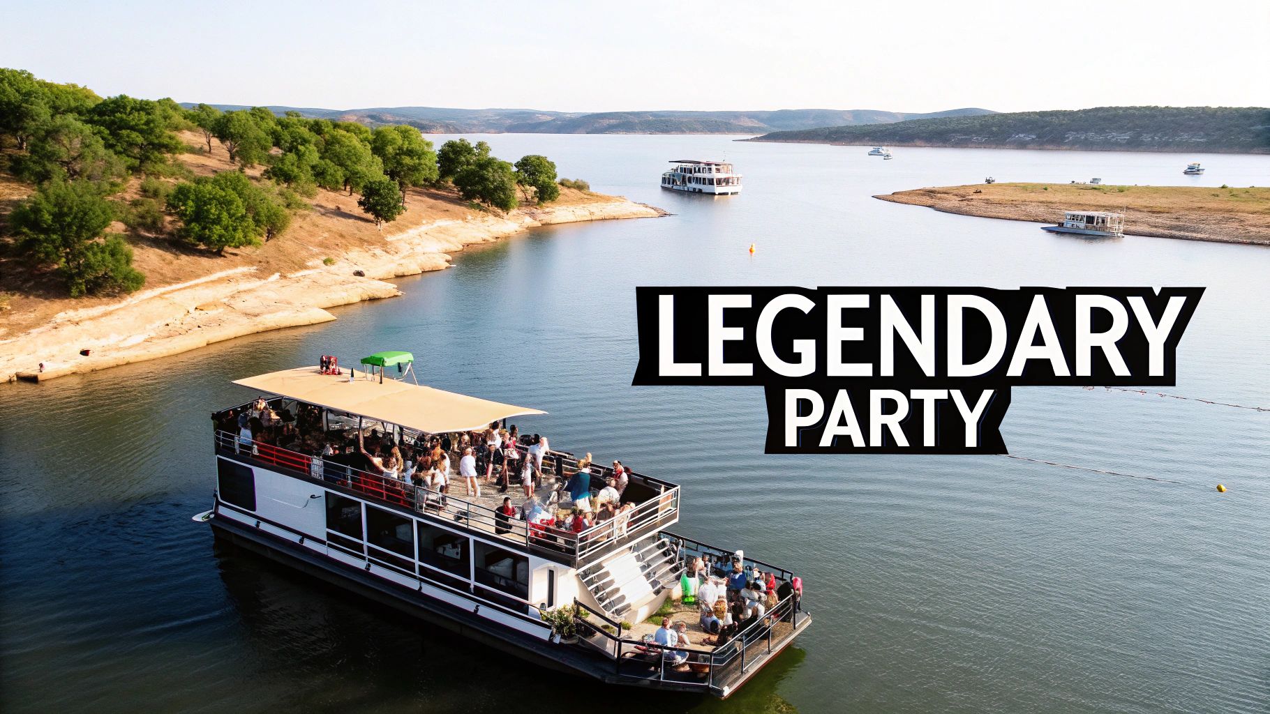 An aerial view of a large party boat filled with people on a lake, surrounded by green shores, with 'LEGENDARY PARTY' text overlay.