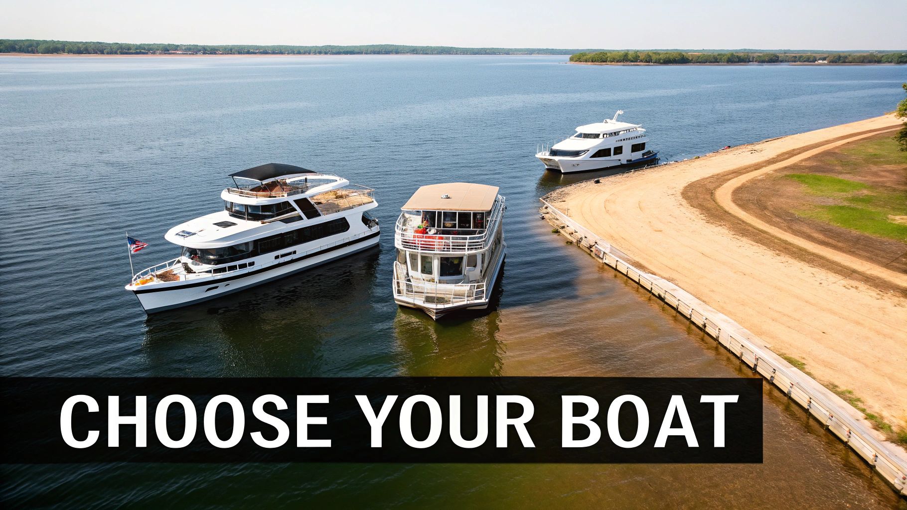 Three boats, including a large yacht and a houseboat, on a serene lake with a sandy shore.