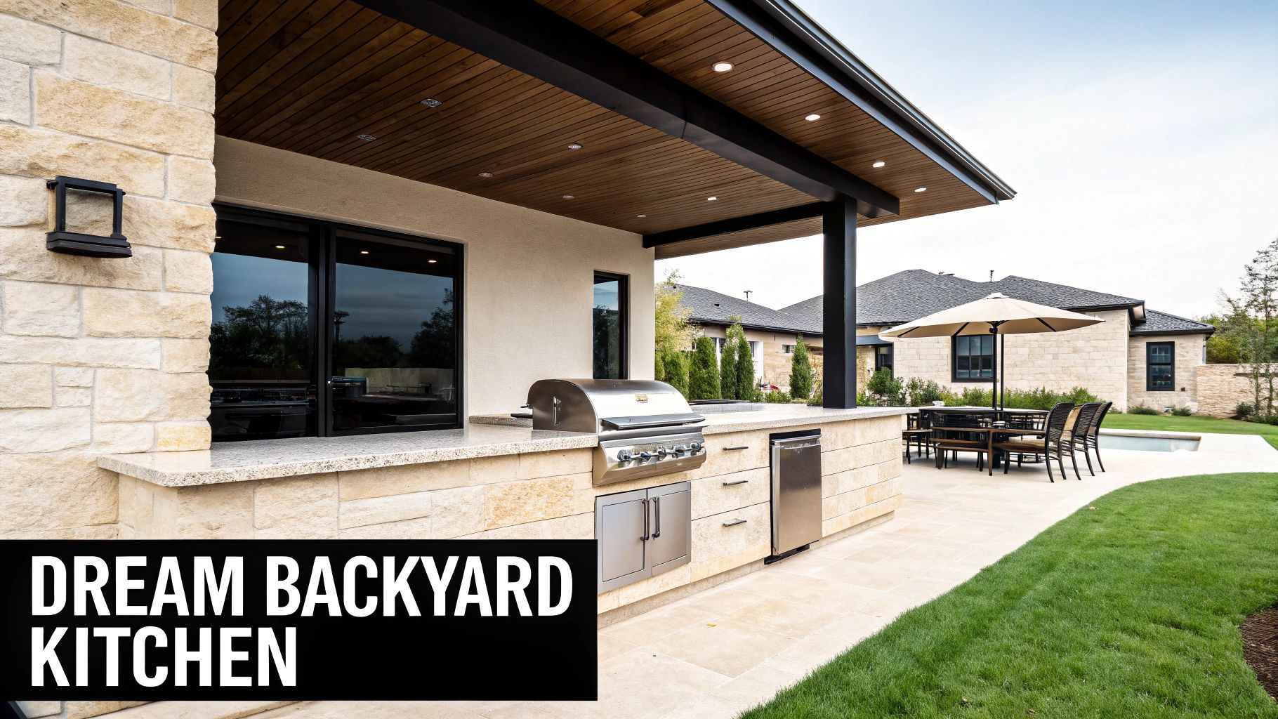 A luxurious outdoor kitchen with a built-in grill and stone countertops in a Steiner Ranch backyard.
