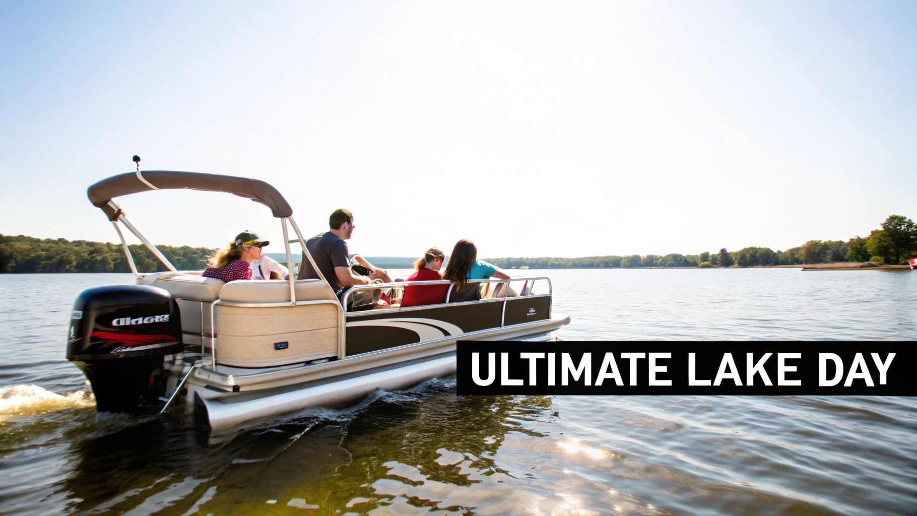 Friends having fun on a pontoon boat on a sunny day in Austin, Texas.