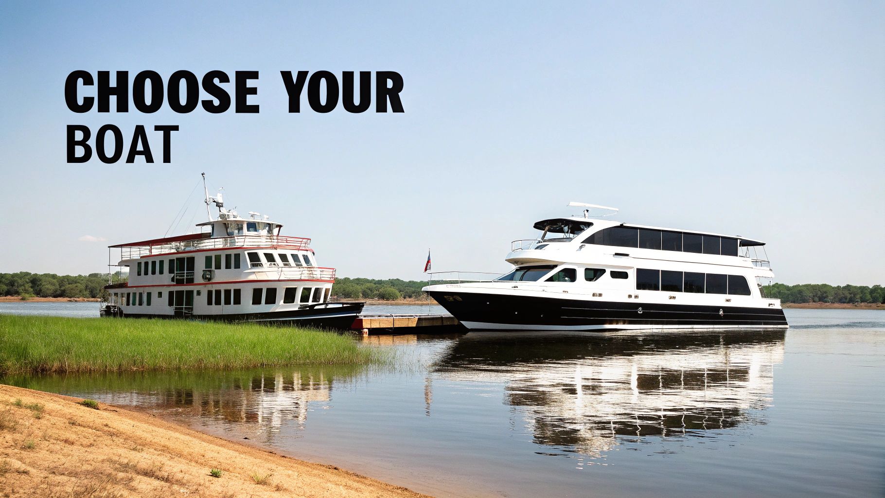 Choose your boat from a classic riverboat and a modern yacht on a calm lake.