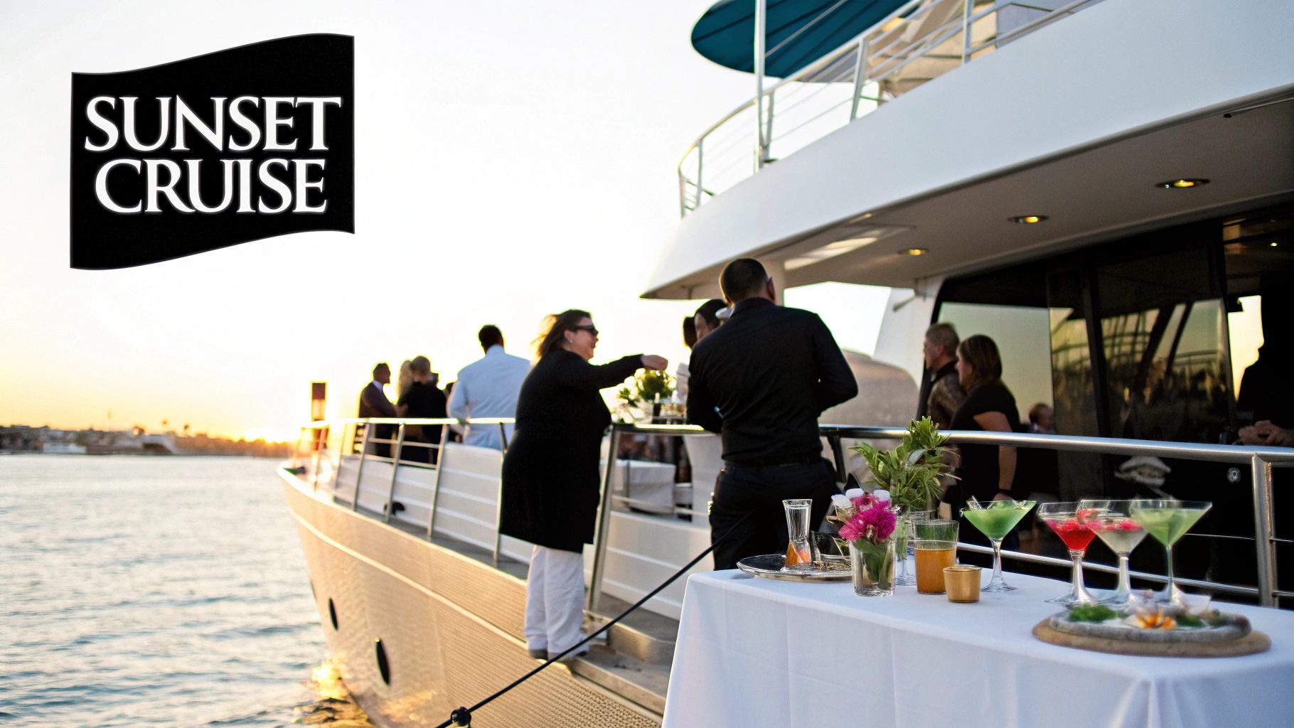 Guests enjoy cocktails and mingle on a luxurious yacht during a scenic sunset cruise.